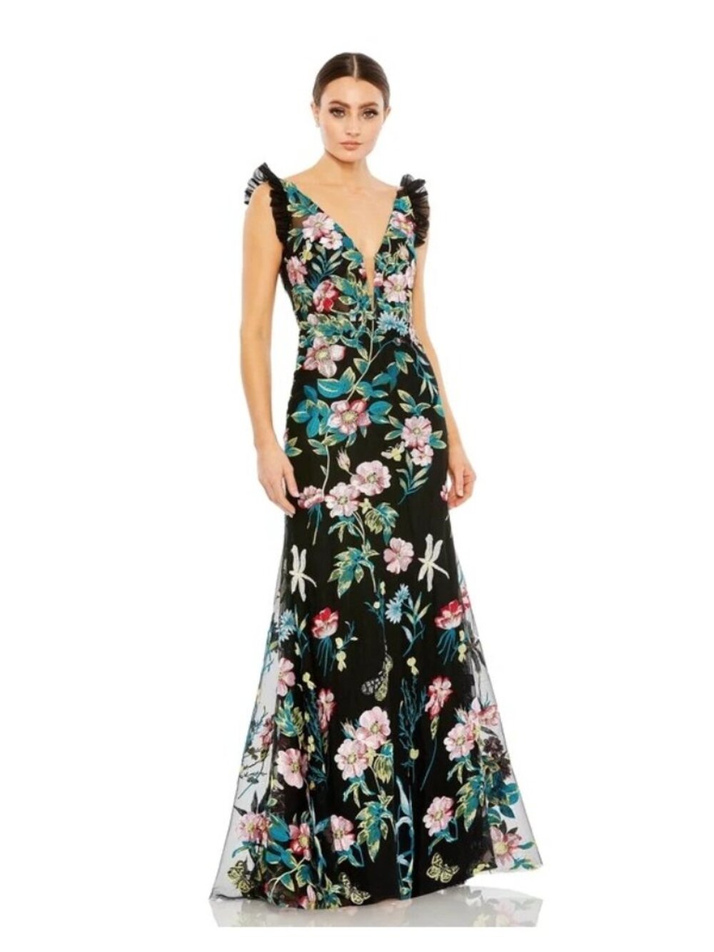 Mac Duggal 68273 Black Floral Gown Deep V-Neck Ruffled Shoulders Embroidery